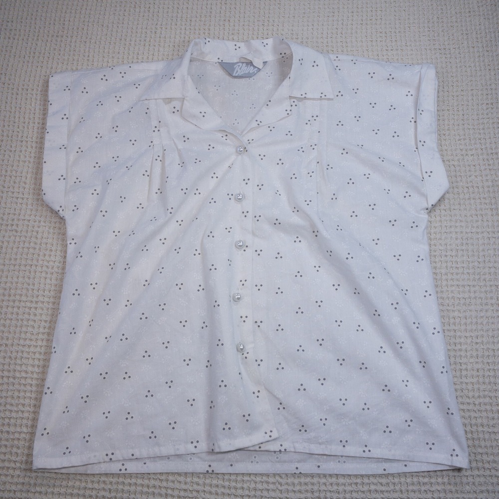 Blair Womens White Gray Floral Dot Button Up Blouse Short Sleeve Pearl Button M